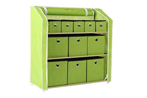 Homebi Multi-Bin Storage Shelf 11 Drawers Storage Chest Linen Organizer Closet Cabinet with Zipper Covered Foldable Fabric Bins and Sturdy Metal Shelf Frame in Green,31"W x12" Dx32"H