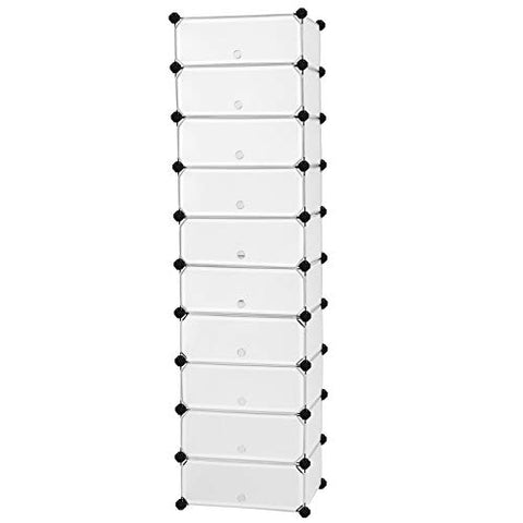 SONGMICS 10-Tier Shoe Rack,Plastic Cube Storage Organizer Units,DIY Modular Closet Cabinet with Doors, Includes Rubber Mallet and Anti-Tipping Device, White ULPC10W