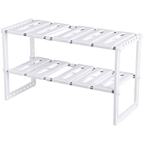 Under Sink Organizer 2 Tier Expandable Kitchen Bathroom Pantry Storage Shelf - Multi-Functional Adjustable Under Kitchen Sink Organization Storage Rack Heavy Duty - White