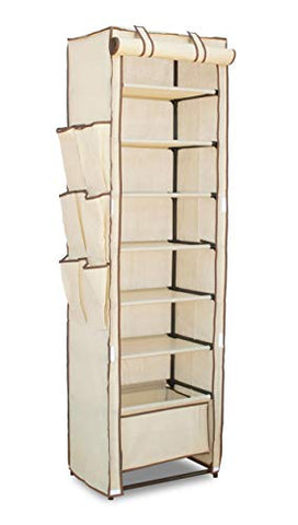 Topline 10-Tier Portable Covered Shoe Tower Closet Rack Organizer with Side Pockets and Boot Basket - Beige