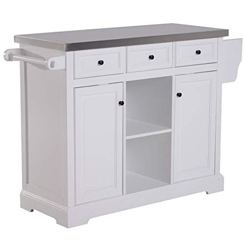 White Rolling Stainless Steel Top Kitchen Island Utility Cart 2 Tiers Storage Shelves 3 Drawers 2 Cabinets Pantry Silverware Utensils Kitchenware Supplies Dishware Kitchen Appliance Storage Organizer