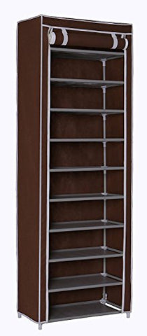 Homebi 10-Tier Shoe Rack 30 Pairs Shoe Tower Closet Shoes Storage Cabinet Portable Boot Organizer with Dustproof Non-Woven Fabric Cover and 10 Durable Shelves in Brown,24.2" W x 12.4" D x 68.3" H