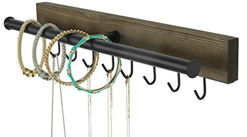 Wall Mounted Rustic Brown Wood & Black Metal 8 Hook Jewelry Hanger Rack w/Necklace & Bracelet Bar