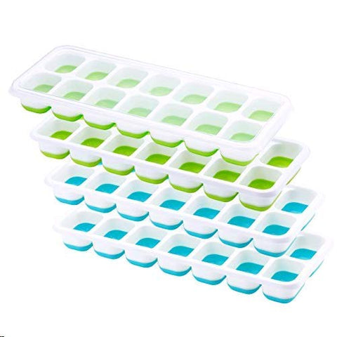 OMorc Ice Cube Trays 4 Pack, Easy-Release Silicone and Flexible 14-Ice Trays with Spill-Resistant Removable Lid, LFGB Certified & BPA Free, Stackable Durable and Dishwasher Safe - Blue & Green