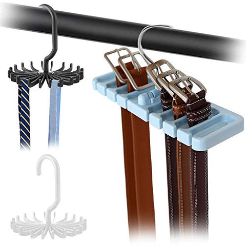 DaKuan 2 Pack Adjustable Twirling Tie Hanger and 1 Pack Belt Rack, Tie Holder (Black and White) and Sturdy Plastic Belt Hanger (Blue) for Closet Organizer Storage