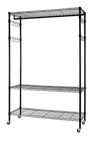 Finnhomy Heavy Duty Wire Shelving Garment Rack with Wheels Rolling Clothes Rack with Shelves and Side Hooks, Black