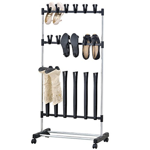 MyGift Rolling 9-Pair Shoe Boot Rack, Space Saving Storage Organizer, Black and Chrome