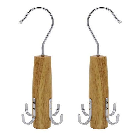 Shintop Belt Racks, 2 Pack Swivel Rack Closet Space Saver with 4 Hooks for Hanging Scarfs, Belts, Ties, Jewelry Accessories Organizer?Natural Color?