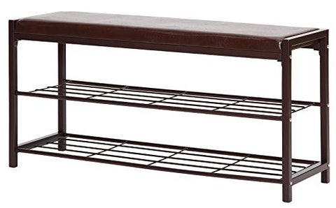 STORAGE MANIAC 2-Tier Shoe Rack Bench with Faux Leather Seat, Entryway Shoe Storage, Hallway Bench