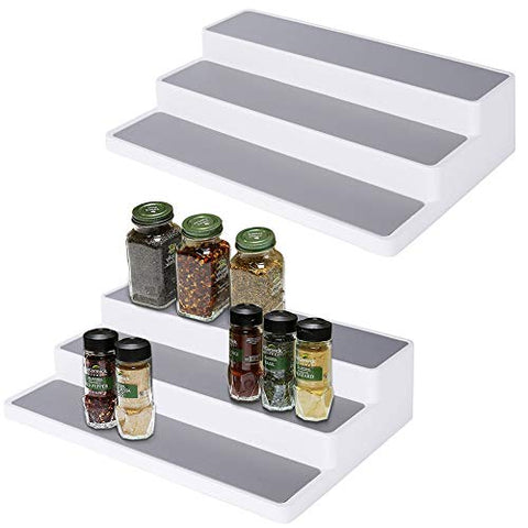 Vencer 3-Tier Non-Skid Spice Racks Step, Cabinet Shelf Organizer for Kitchen or Bathroom, 3-Tier Lazy Susan Cabinet 15 inches, Set of 2, White/Gray