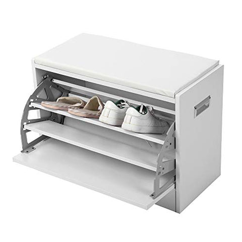 Shoe Bench Cabinet Rack with Cushion, Soft Pad Seat Wood Shoes Storage Organizer Closet Standing Rack Shelf Holder White