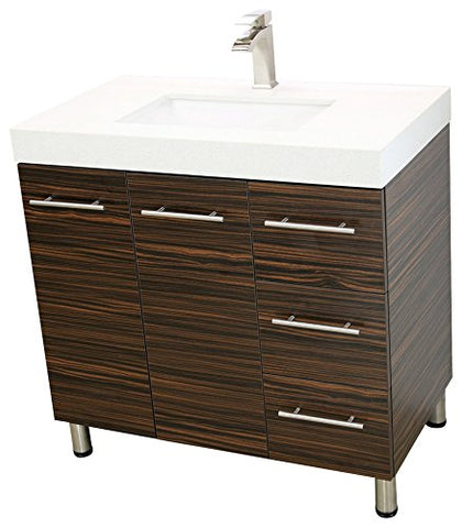 WindBay 36" Freestanding Bathroom Vanity, Ebony. White Integrated Countertop