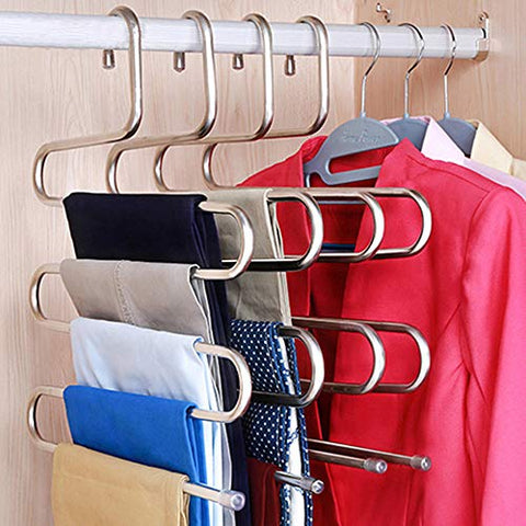 Qinju 2 Pack Pants Hangers 5 Layers S-Shape Stainless Steel Closet Space Saving for Pants Scarf Tie Towel Belt