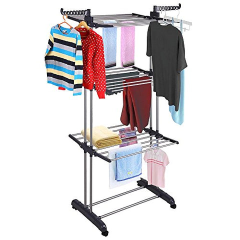 Yeshom Foldable 3 Tier Clothes Drying Rack Rolling Collapsible Laundry Dryer Hanger Stand Rail Indoor Outdoor Dark Grey