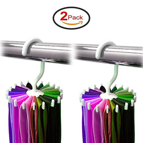 Tie Rack Belt Hanger 360 Degree Rotating Twirl Holder Hook Ties Scarf for Closet Organizer Storage -2pack (White)