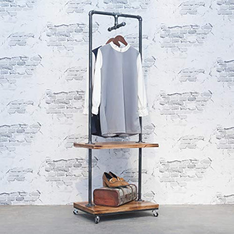 MBQQ Industrial Pipe Clothing Rack with Wood Shelves,Steampunk Iron Garment Rack on Wheels,Vintage Rolling Cloths Racks for Hanging Clothes,Commercial Grade Clothes Racks,Retail Display Clothing Shelf
