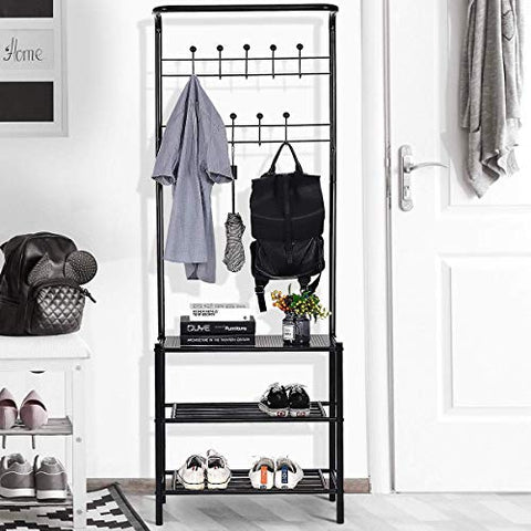 Tangkula Entryway Hall Tree Multi-Purpose Metal Coat and Shoe Bench Rack 3-Tier Storage Shelves Bag Clothes Umbrella and Hat Rack for Entryway (26.0''x 12.5''x72.5'' (L x W x H))