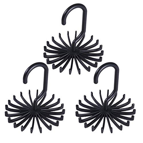 Tinksky Tie Rack Belt Hanger Scarf Holder Hook for Closet Organizers, 360 Degree Rotating 20 Hooks, 3 Pack (Black)