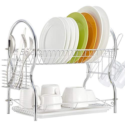 Dish Drying Rack, 2 Tier Dish Rack Kitchen Organizer with Drain Board, Chrome ALHAKIN