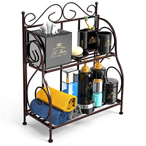 Bathroom Countertop Organizer, F-color 2 Tier Foldable Kitchen Spice Rack Counter Storage Shelf Organizer, Bronze
