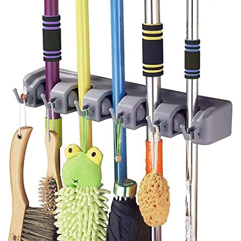SHSYCER Mop and Broom Holder Wall Mounted Garden Tool Organizer Rake or Mop Handles 5 Position with 6 Broom Hooks Garage Holds up to 11 Tools for Garage Garden Kitchen Laundry Offices