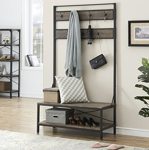 O&K FURNITURE 72 Inch Hall Tree with Storage Bench for Hallway and Entryway, Heavy Duty 7 Hooks Coat Rack with Shoe Bench, Gray-Brown Finish