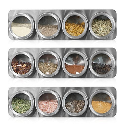 12 Magnetic Spice Tins/Containers + 3 Wall Mounted Racks - for Spices, Seasoning, Herbs, or Tea (Spices Not Included)