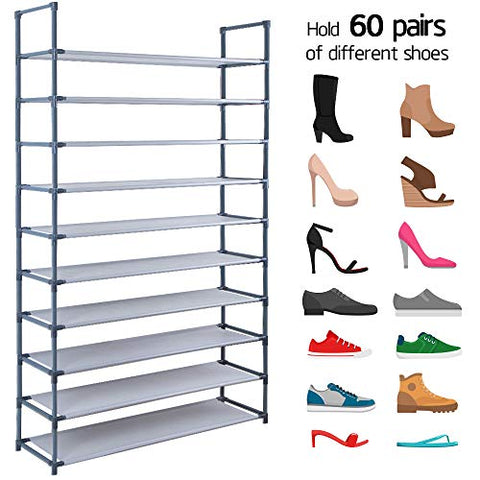 10 Tiers Shoe Rack Stackable Narrow Expandable For 60 Pairs Shoes Non-Woven Fabric Shoe Storage Organizer Cabinet Tower Shelf Space Saving DIY Assembly No Tools Required Hold High Heeled Shoes Flats