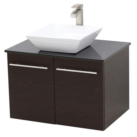 WindBay Wall Mount Floating Bathroom Vanity Sink Set. Dark Brown Vanity, Black Flat Stone Countertop Ceramic Sink - 36"