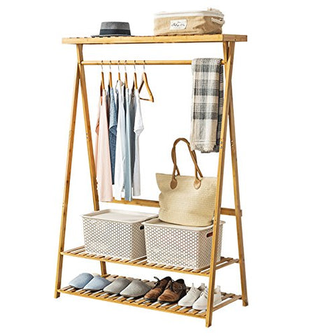 COPREE Bamboo Garment Coat Clothes Hanging Heavy Duty Rack with top Shelf and 2-Tier Shoe Clothing Storage Organizer Shelves