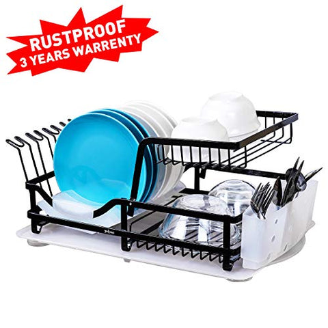 2-Tier Dish Rack, Dish Drying Rack with Utensil Holder and Drain Board Wine Glass Holder Easy-Storage Rustproof Kitchen Counter Dish Drainer Rack Organizer, ORB