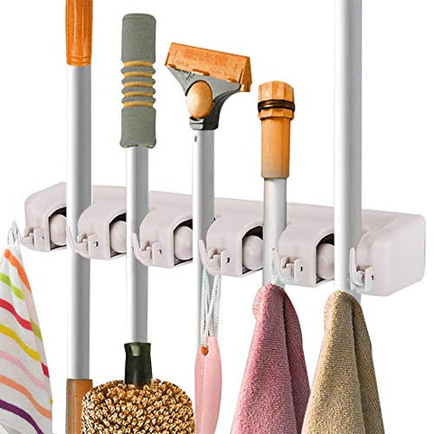 Toolsempire Broom and Mop Holder Wall Mounted Garden Tool Rack Garage Storage Organizer Rack 5 Position with 6 Hooks