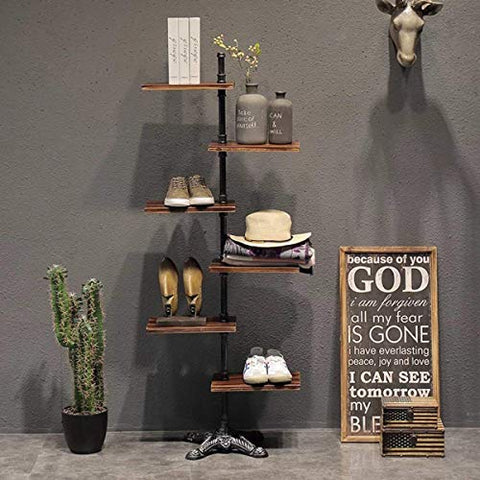 MZGH ISLAND Industrial 6-Tier Pipe Dispaly Shelves,Rustic Wood Clothing Store Shoes Bags Flower Plant Display Stand,Tool Storage Rack,Office Bookcase,Home Utility Shelf