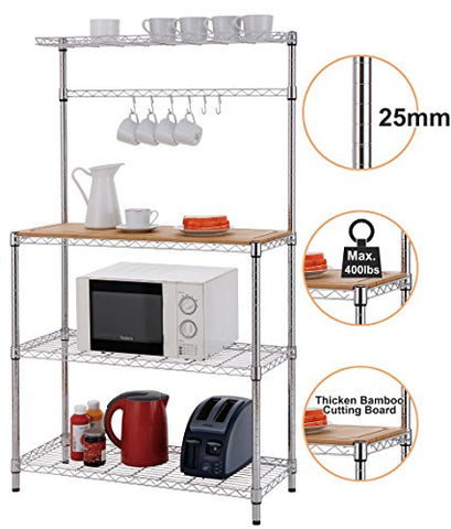 Finnhomy 14x36x61 4-Tiers Adjustable Kitchen Bakers Rack Kitchen Cart Microwave Stand with Chrome Shelves and Thicken Bamboo Cutting Board