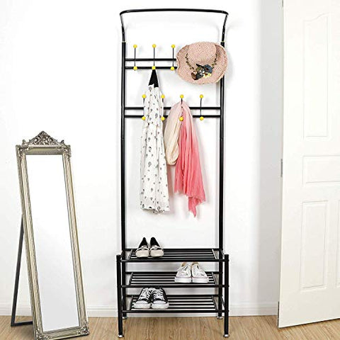 Entryway Coat Shoe Rack Metal Hall Tree 3-Tier Shoe Bench Hallway Organizer Storage Shelf for Coat Hat Scarf Hanger Bag Umbrella w/18 Hooks