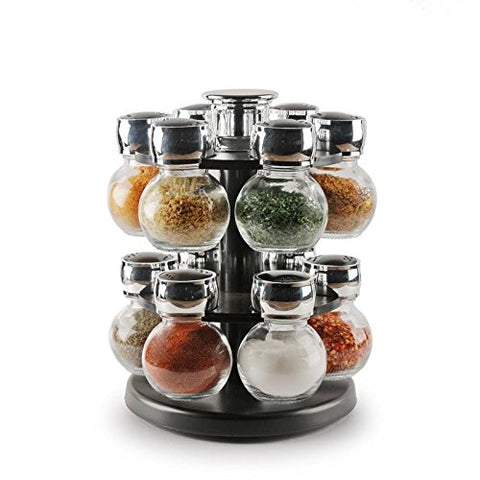 Rotating Herbs and Spices Rack with 12 Pieces 3.5 Ounces Round Glass Airtight Mason Jars - 2 Tiered Revolving Countertop Carousel Seasoning Storage Organizer