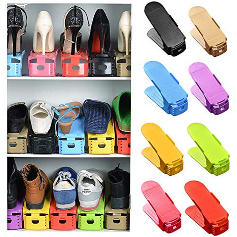 Aosreng 2Pcs/Lot Plastic Shoes Cabinet Storage Shelf Shoes Rack Double Layer Holder Shoes Organizer Space Saving Shoe Stand Adjustable Green Color