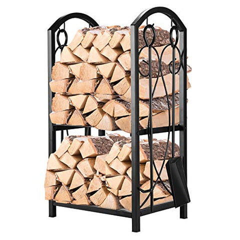 Pinty Firewood Log Rack with 4 Tools Firewood Storage Fireplace Tool Set Indoor Outdoor Wrought Iron Firewood Holders Lumber Storage Stacking Black
