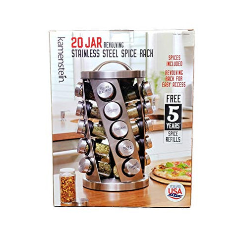 Contemporary Spice Rack Stainless Steel 20 Jars Revolving Rack for Easy Access,Spices Included Plus Free 5 Years of Refills, Filled in USA