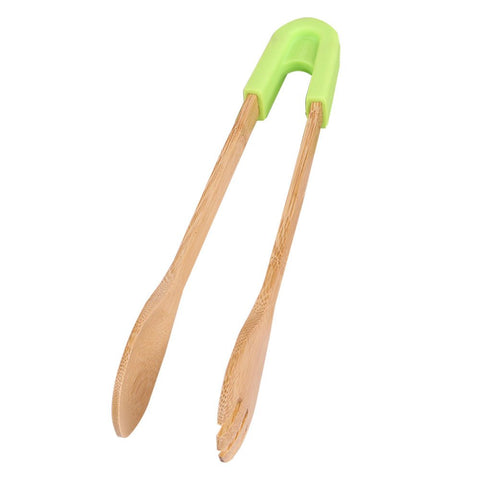 ORYOUGO Bamboo Kitchen Tongs,Cooking Utensils Silicone Handle Wooden Clip Clamp Non-Stick for Cake,Pastry,BBQ,Barbecue,Salad,Steak (Green)