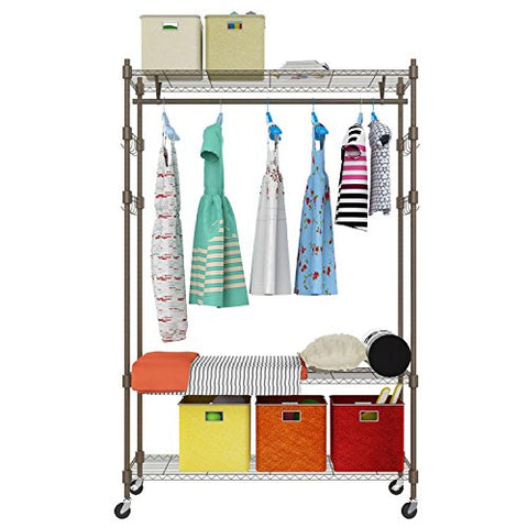 Rolling Wire Shelving Garment Rack, Metal Clothes Rack Organizer with 4 Adjustable Side Hooks and Single Hanger Bar