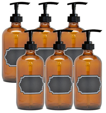 6 Pack Firefly Craft Amber PLASTIC Pump Bottles with Chalkboard Labels, 16 ounces each