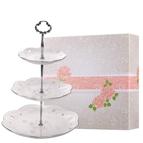 BonNoces 3-Tier Porcelain Embossed Cupcake Stand - Pure White Rimmed with Silver Dessert Cake Stand - Pastry Serving Tray Platter for Tea Party, Wedding and Birthday