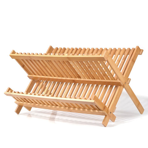 Natural Bamboo Dish Drying Rack, SZUAH Collapsible Dish Plate Drainer Rack, 2-Tier Dish Drying Holder, with 19 Slats