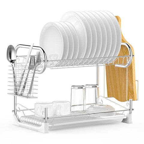 Dish Rack, Ace Teah 2 Tier Chrome Plating Rustless Storage Dish Drying Rack and Drain Board Set with Cutlery Rack, Cutting Board Holder Dish Dryer for Kitchen Counter