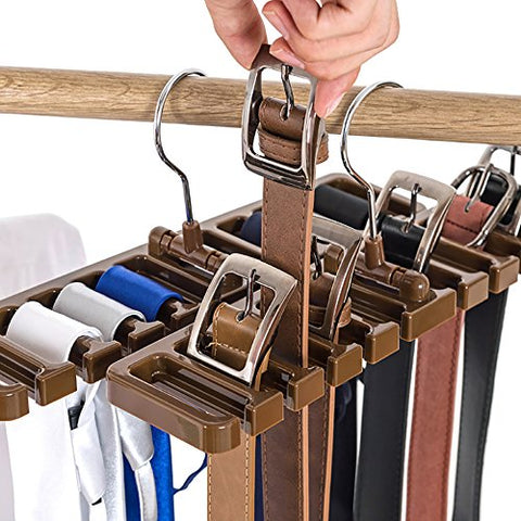 Sturdy Plastic Tie Belt Scarf Rack Organizer Closet Wardrobe Space Saver Belt Hanger with Metal Hook (Brown)