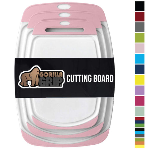 GORILLA GRIP Original Reversible Cutting Board, 3 Piece, BPA Free, Juice Grooves, Larger Thicker Boards, Easy Grip Handle, Dishwasher Safe, Non Porous, Extra Large, Kitchen, Set of 3, White Pink