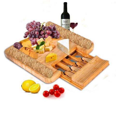 SMAGREHO Bamboo Cheese Board Set With Cutlery in Slide Out Drawer (Drawer does not affect the use of the cheese board)