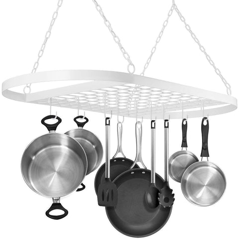 Sorbus Pot and Pan Rack for Ceiling with Hooks — Decorative Oval Mounted Storage Rack — Multi-Purpose Organizer for Home, Restaurant, Kitchen Cookware, Utensils, Books, Household (White)