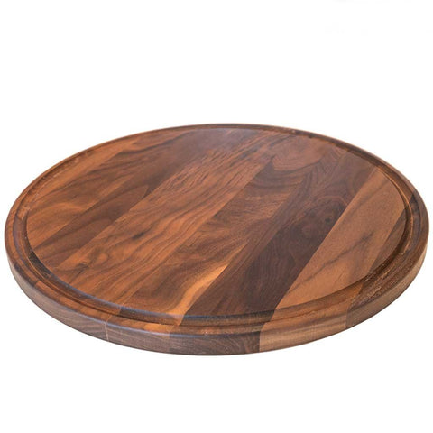 Round Wood Cutting Board by Virginia Boys Kitchens - 13.5 Inch American Walnut Cheese Serving Tray and Charcuterie Platter with Juice Drip Groove